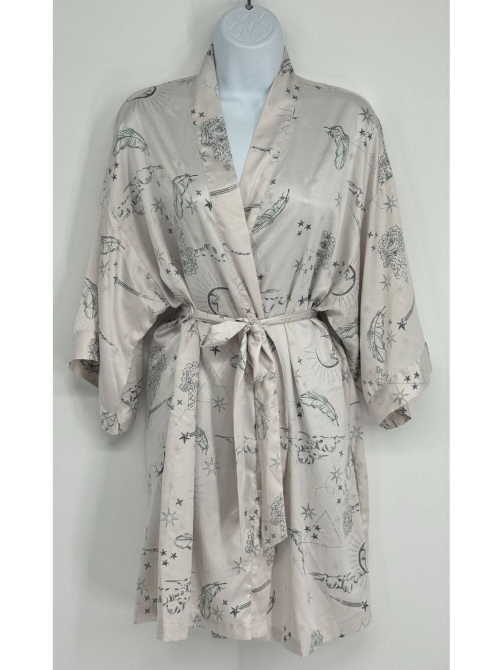 Victoria's Secret M/L Celestial Feather Print Satin Kimono Robe Belt Mystical